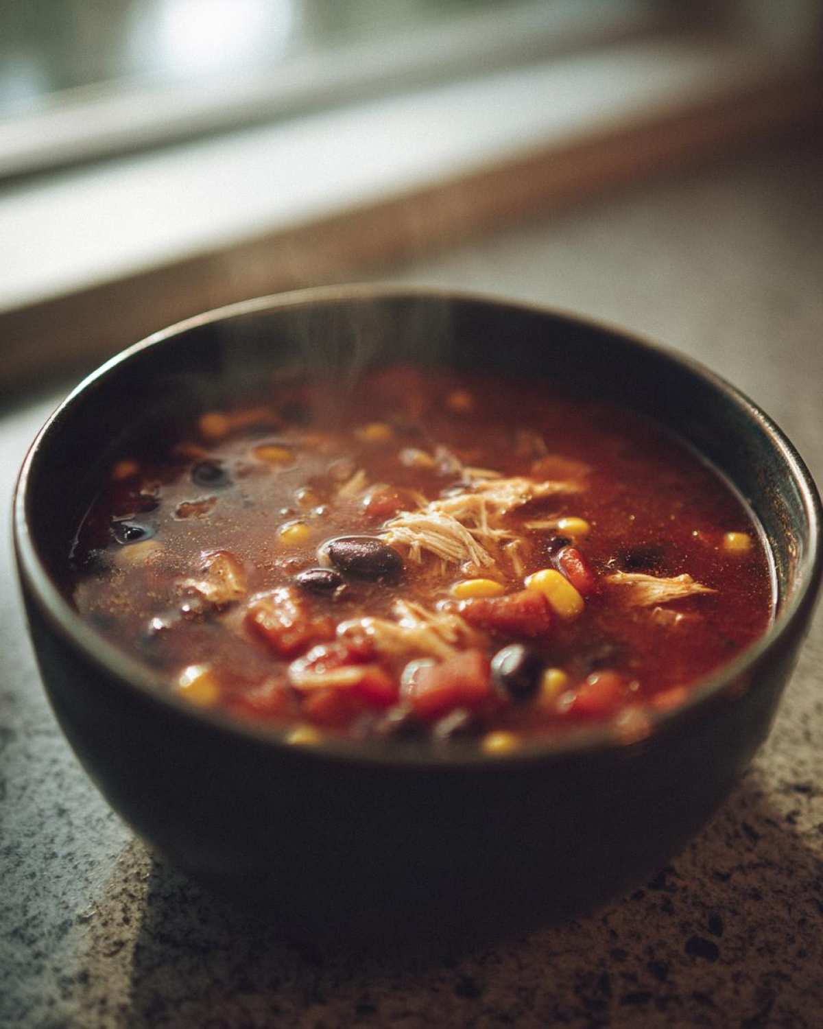 Close-up of a dark bowl filled with steaming Instant Pot Chicken Tortilla Soup, showing shredded chicken, corn, and black beans.