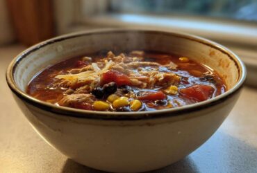 Close-up of a steaming bowl filled with rich Instant Pot Chicken Tortilla Soup, showing shredded chicken, corn, black beans, and tomatoes.