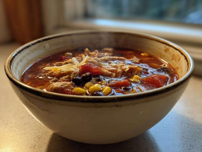 Close-up of a steaming bowl filled with rich Instant Pot Chicken Tortilla Soup, showing shredded chicken, corn, black beans, and tomatoes.