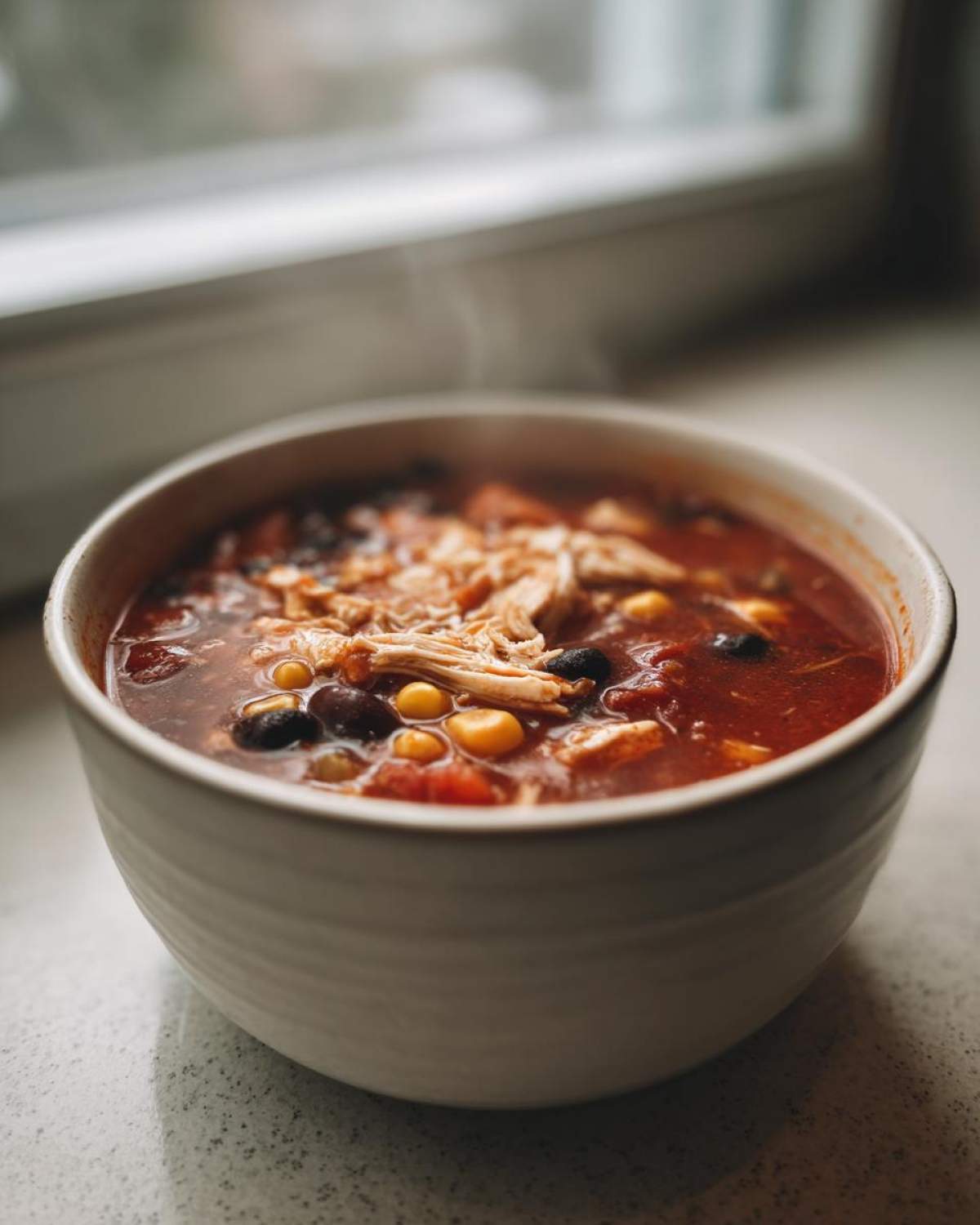 Close-up of a steaming white bowl filled with rich, red Instant Pot Chicken Tortilla Soup featuring shredded chicken, black beans, and corn.