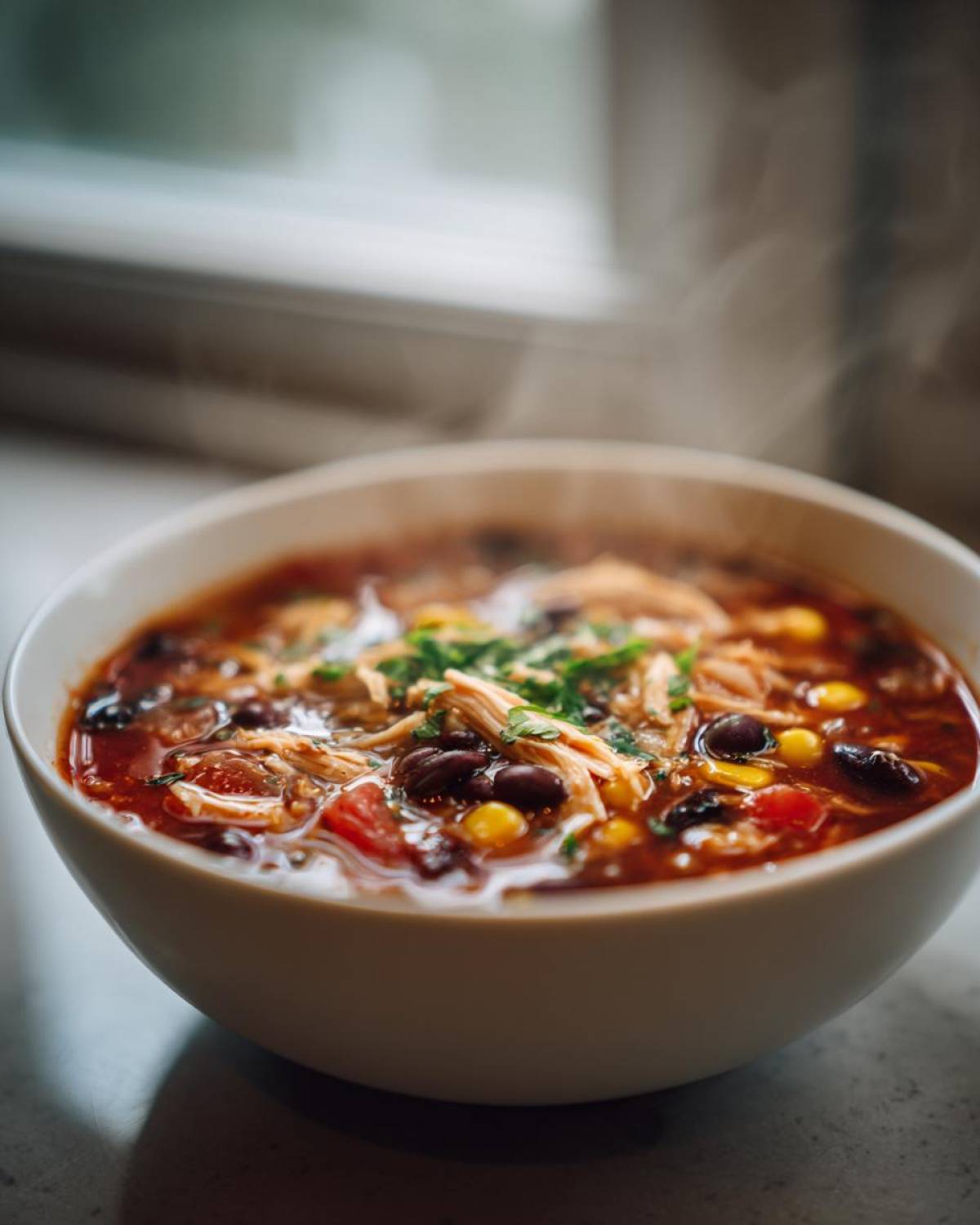 Close-up of a steaming white bowl filled with rich Instant Pot Chicken Tortilla Soup, featuring shredded chicken, black beans, and corn.
