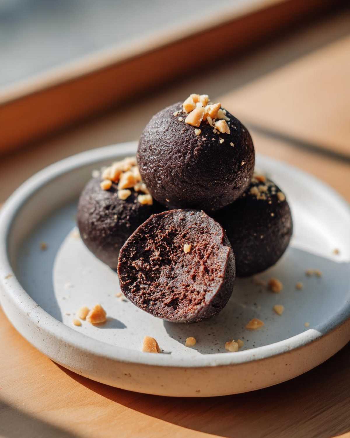 Close-up of rich, dark Keto Chocolate Peanut Butter Fat Bombs, one cut in half, topped with chopped peanuts.