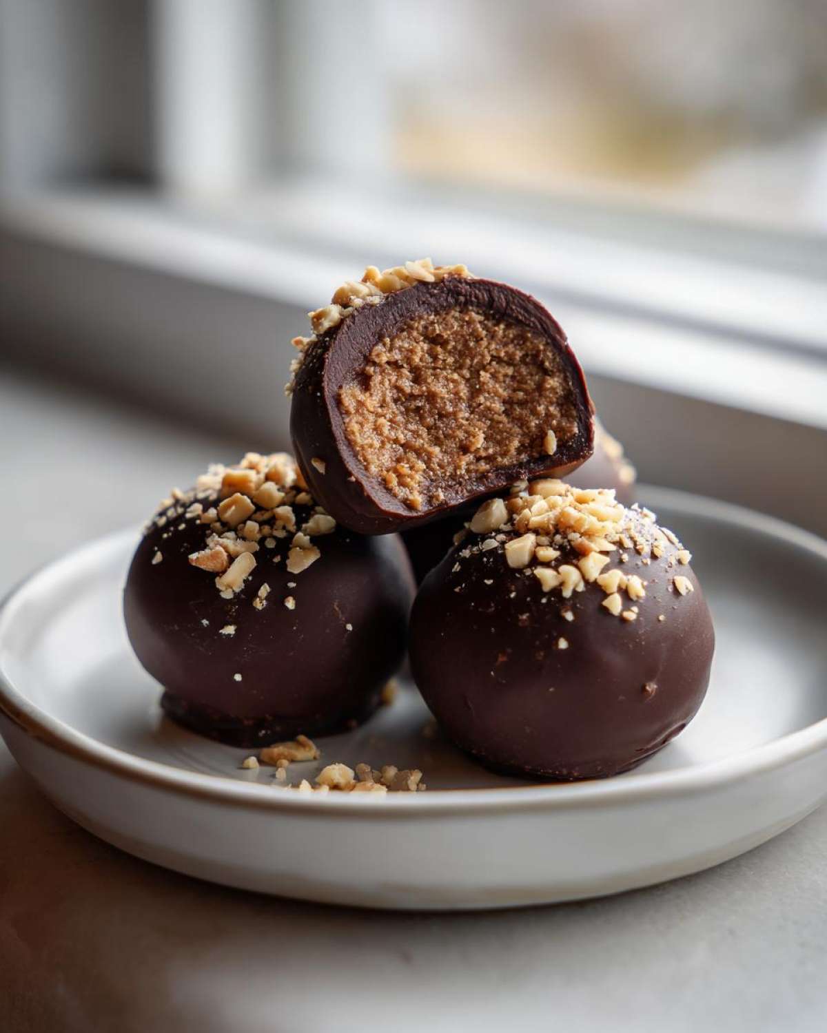 Close-up of chocolate-coated Keto Chocolate Peanut Butter Fat Bombs, one cut open to show the creamy filling and chopped nut topping.