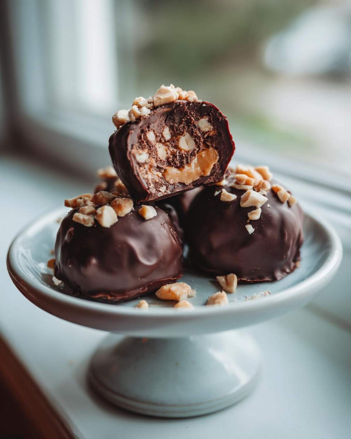 Three rich, chocolate-coated Keto Chocolate Peanut Butter Fat Bombs topped with chopped peanuts, one cut open showing the creamy center.