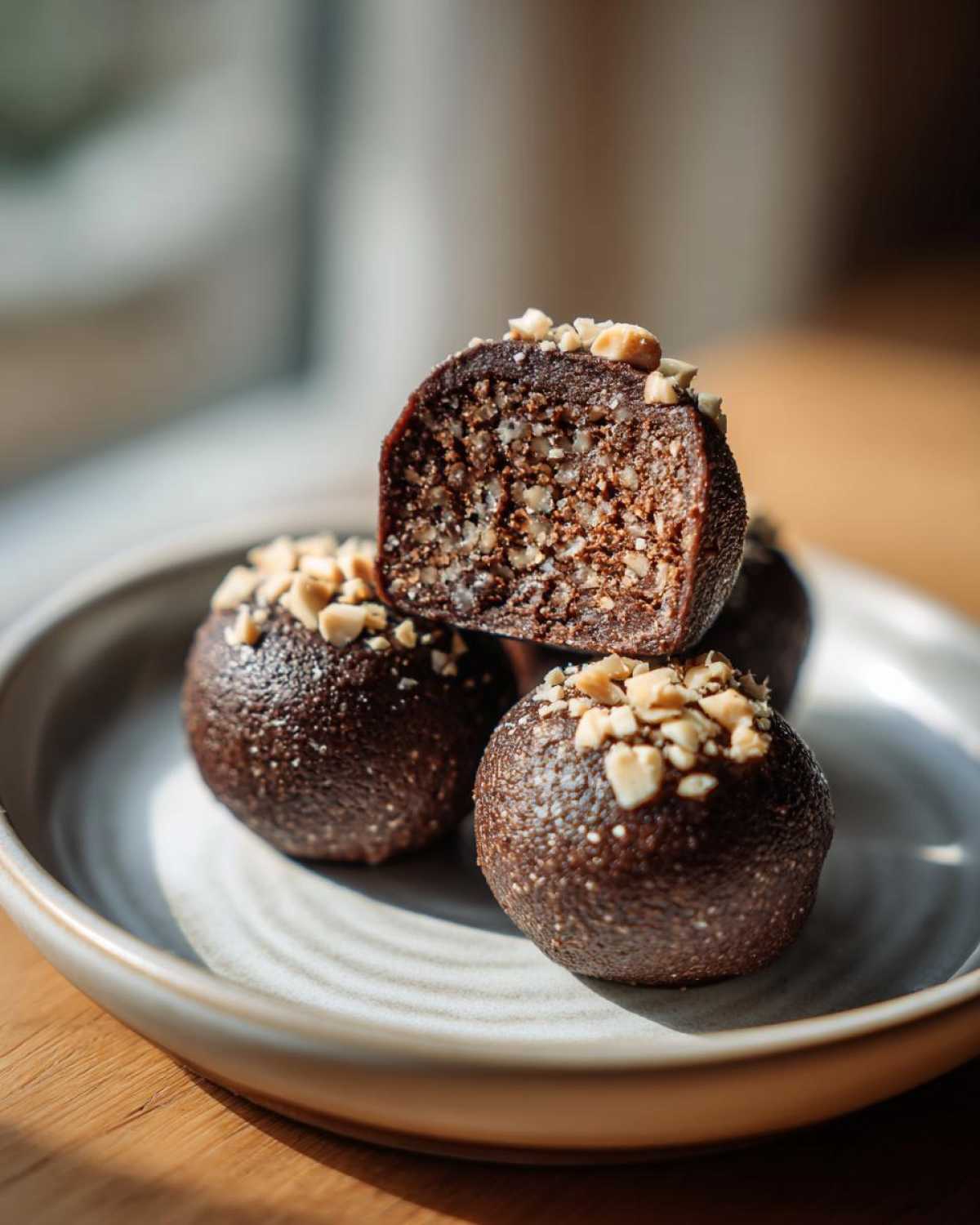 A stack of rich, dark chocolate Keto Chocolate Peanut Butter Fat Bombs topped with chopped peanuts, one cut open showing the texture.