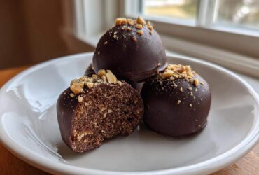 Close-up of chocolate-covered Keto Chocolate Peanut Butter Fat Bombs, one cut open to show the texture, topped with chopped peanuts.
