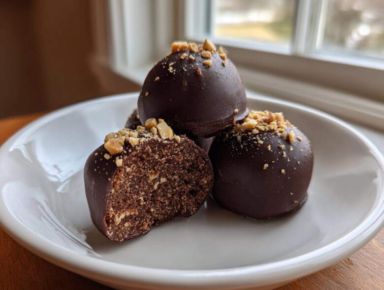Close-up of chocolate-covered Keto Chocolate Peanut Butter Fat Bombs, one cut open to show the texture, topped with chopped peanuts.