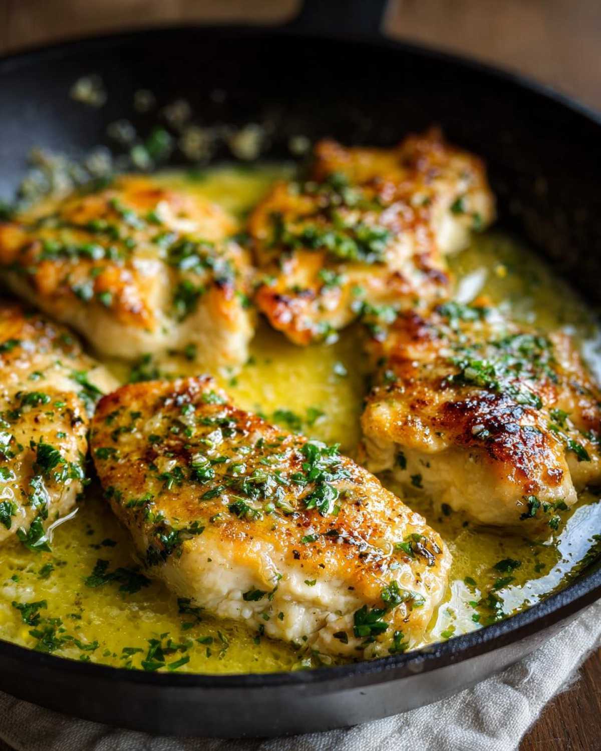 Close-up of golden-brown chicken breasts simmering in a rich lemon garlic butter sauce, topped with fresh parsley.