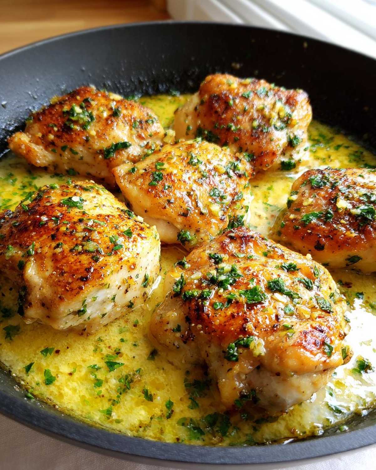 Close-up of five golden-brown chicken pieces simmering in a rich lemon garlic butter sauce, topped with fresh parsley.