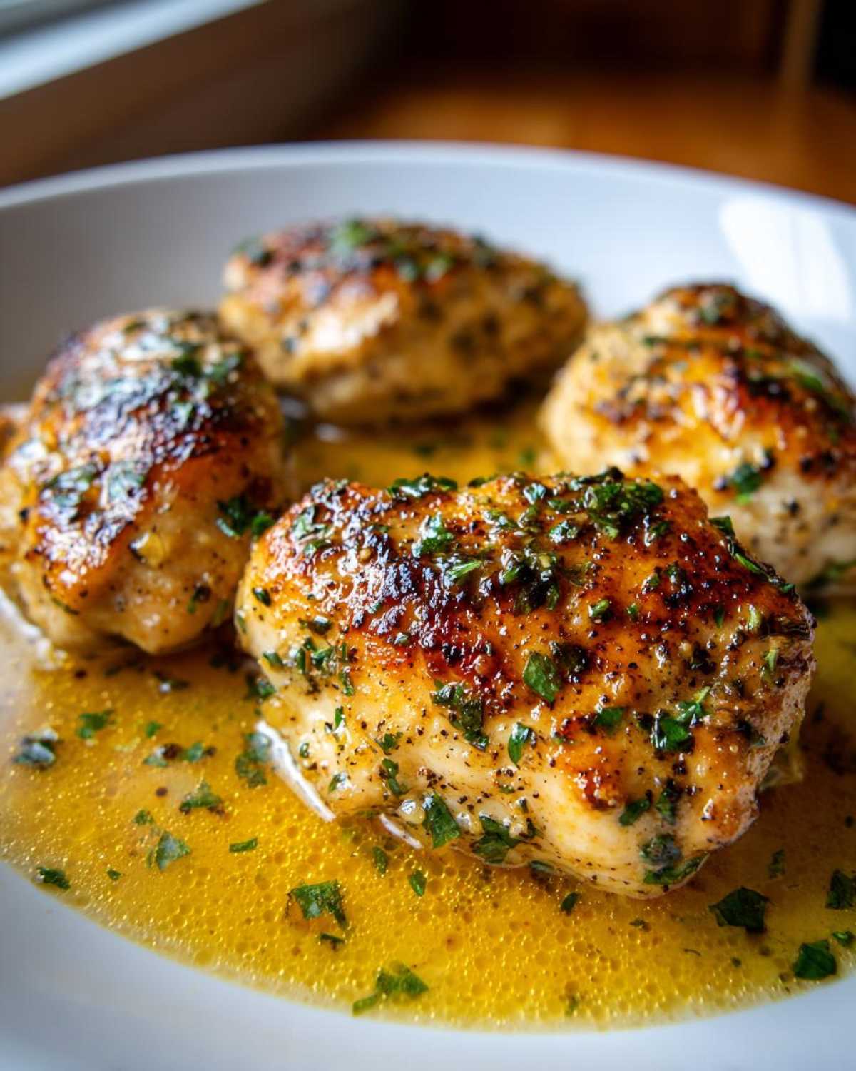 Close-up of four seared chicken breasts covered in lemon garlic butter sauce and fresh parsley.