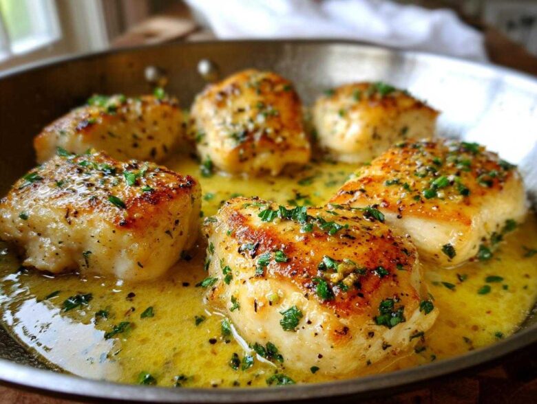 Five golden-brown pieces of Lemon Garlic Butter Chicken Easy Skillet simmering in rich lemon garlic butter sauce.