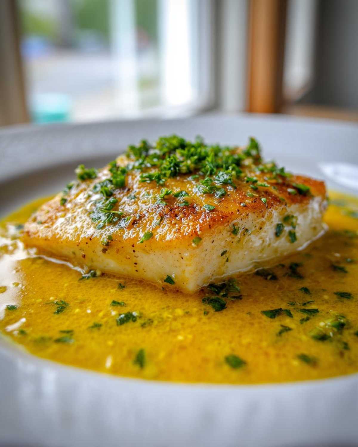 A perfectly cooked fillet of Lemon Garlic Butter Tilapia swimming in a rich, yellow butter sauce and topped with fresh parsley.