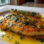 Close-up of a perfectly cooked Lemon Garlic Butter Tilapia fillet swimming in rich butter sauce and topped with fresh parsley.