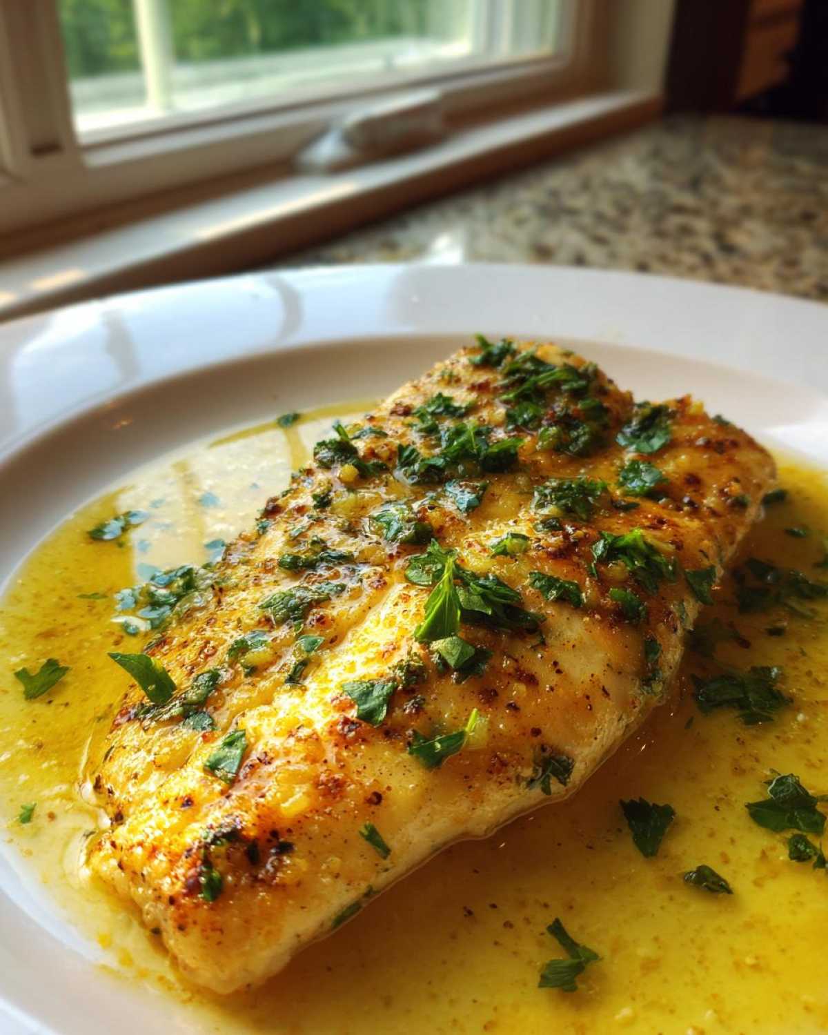 Close-up of a perfectly cooked Lemon Garlic Butter Tilapia fillet swimming in rich sauce and topped with fresh parsley.