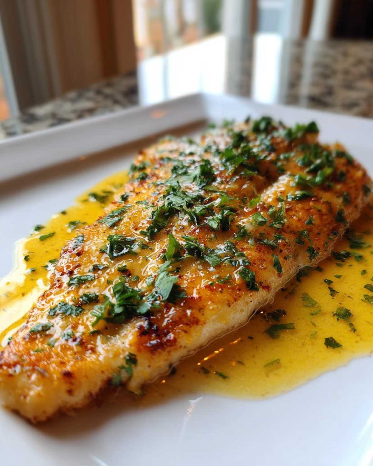 Close-up of a perfectly cooked Lemon Garlic Butter Tilapia fillet covered in bright yellow sauce and fresh parsley.