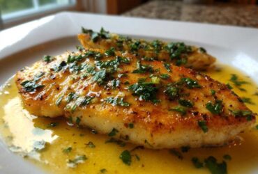 Close-up of a perfectly cooked Lemon Garlic Butter Tilapia fillet swimming in rich butter sauce and topped with fresh parsley.