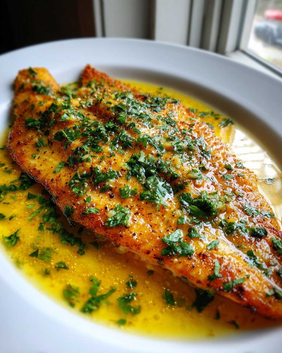 Close-up of a golden-brown fillet of Lemon Garlic Butter Tilapia swimming in rich lemon garlic butter sauce and topped with fresh parsley.