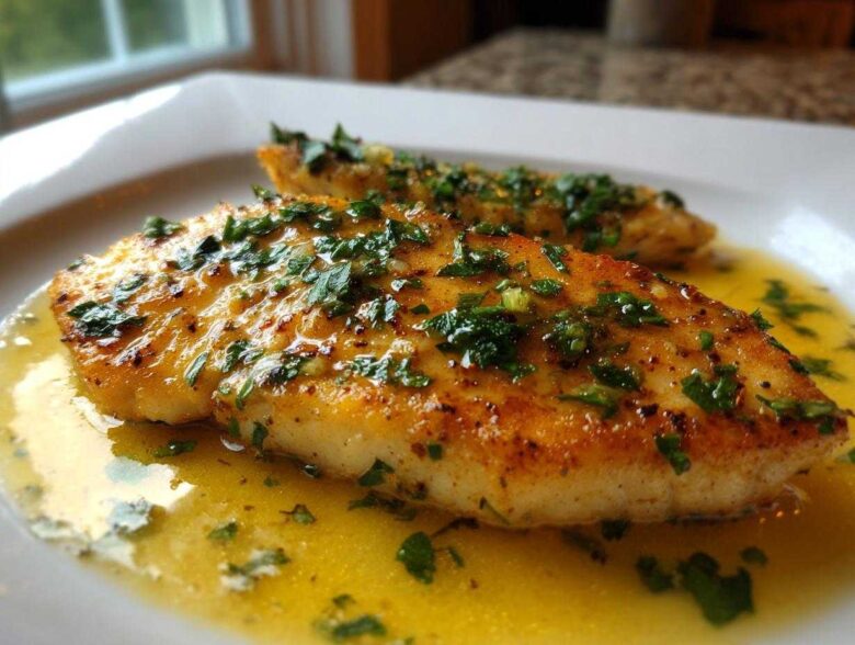 Close-up of a perfectly cooked Lemon Garlic Butter Tilapia fillet swimming in rich butter sauce and topped with fresh parsley.