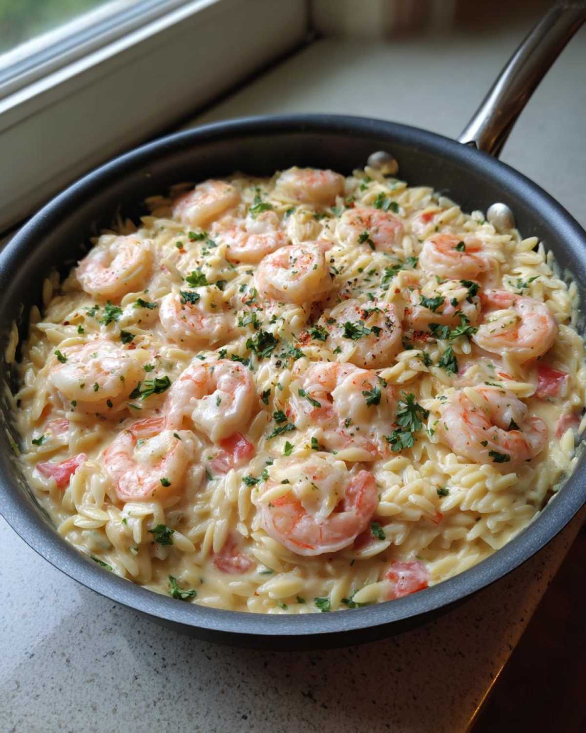 Close-up of creamy Lemon Garlic Shrimp Orzo cooked and served directly in a black skillet, topped with shrimp and parsley.