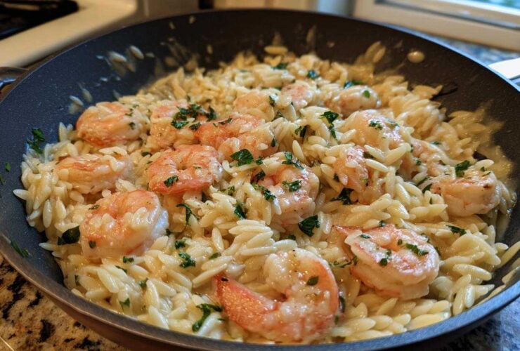Close-up of creamy Lemon Garlic Shrimp Orzo one pan dinner garnished with fresh parsley in a skillet.