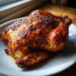 A whole, perfectly roasted chicken with incredibly crispy, dark golden-brown skin, representing the Lemon Herb Roasted Chicken.