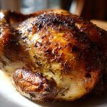 A whole, perfectly roasted chicken with deeply browned, crispy skin seasoned with herbs, ready to serve.