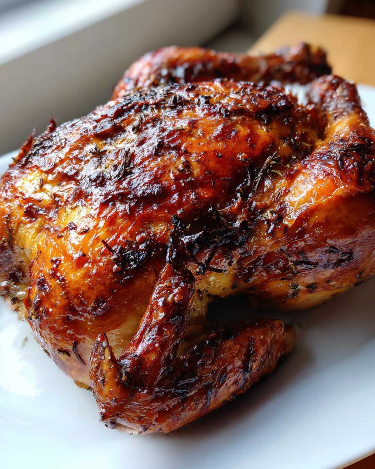 Close-up of a whole Lemon Herb Roasted Chicken with deeply browned, crispy, herb-coated skin.