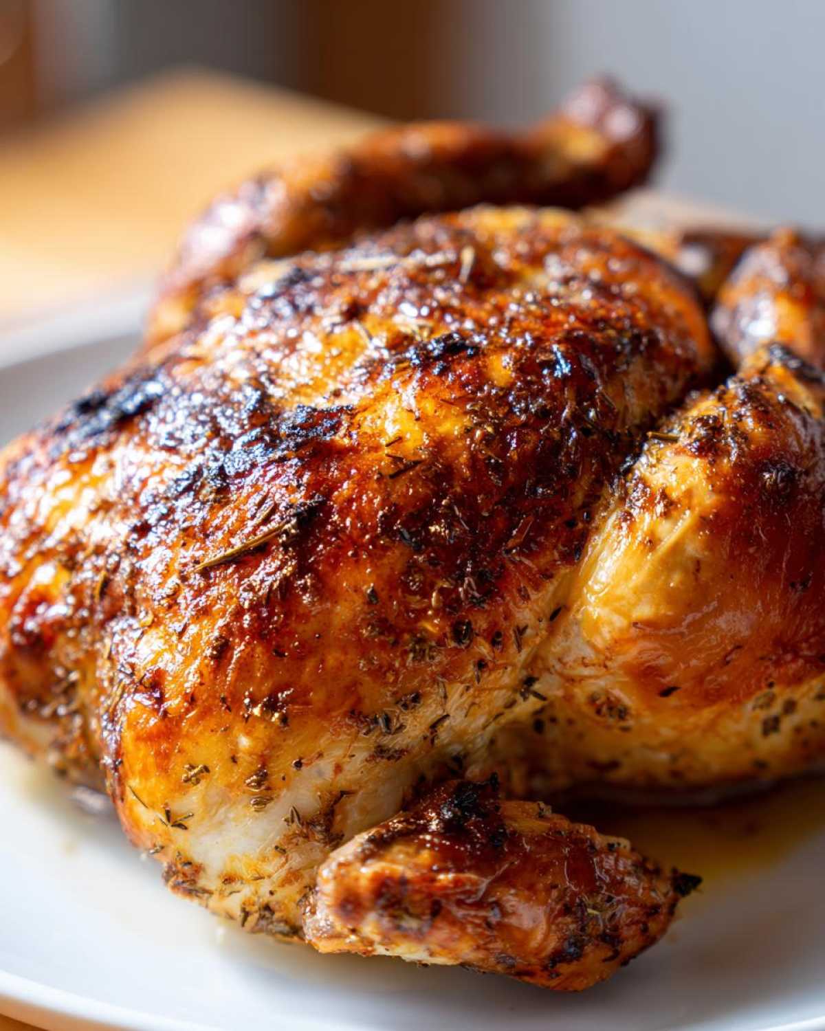 Close-up of a perfectly cooked Lemon Herb Roasted Chicken with shiny, crispy, herb-seasoned skin.