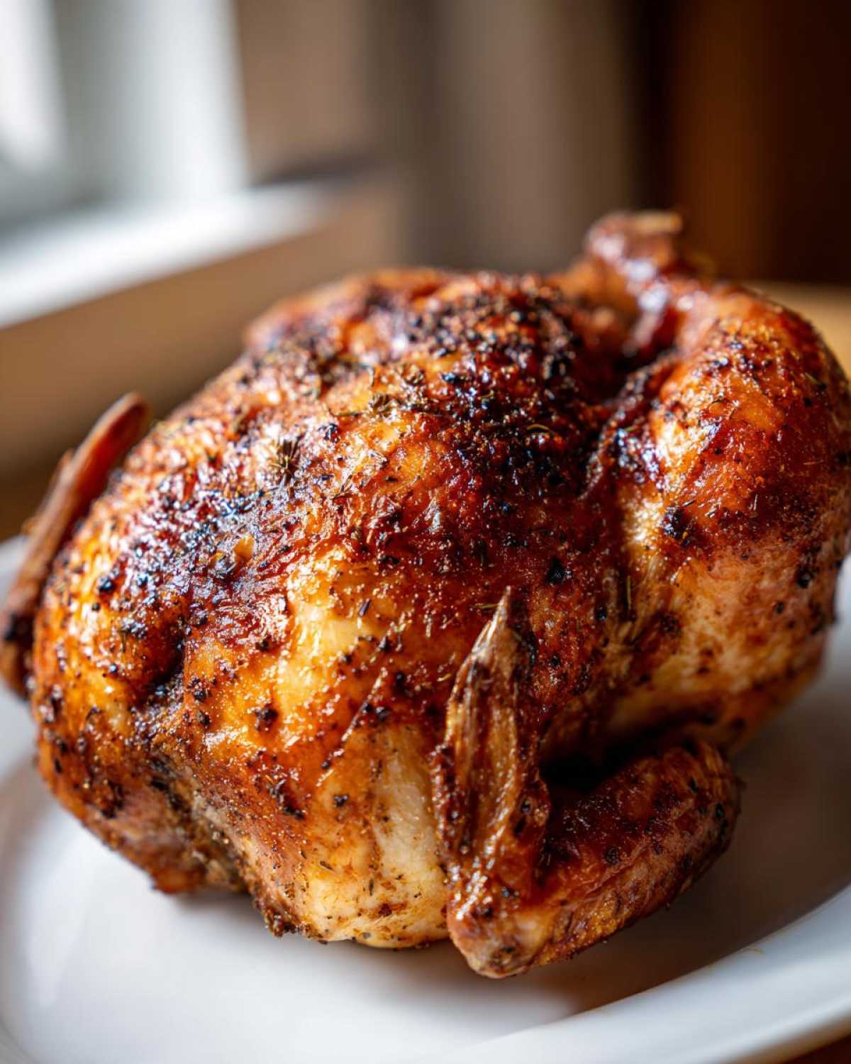 A perfectly roasted whole chicken with dark, crispy, herb-seasoned skin, presented on a white plate.