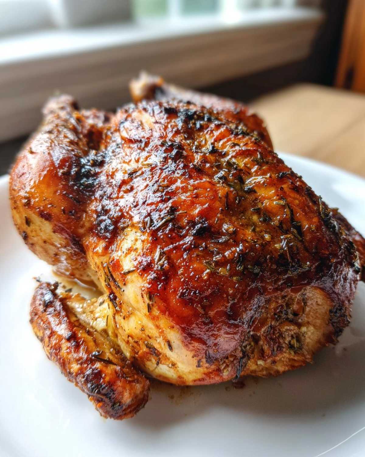 A whole, perfectly roasted chicken with deeply browned, crispy skin coated in herbs, ready to serve.