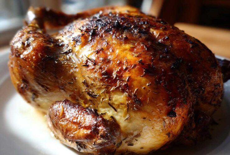 A whole, perfectly roasted chicken with deeply browned, crispy skin seasoned with herbs, ready to serve.