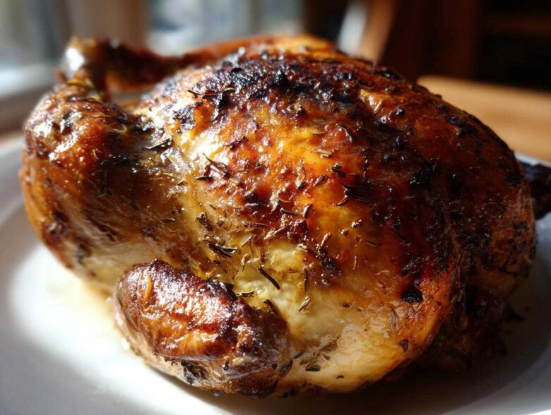 A whole, perfectly roasted chicken with deeply browned, crispy skin seasoned with herbs, ready to serve.
