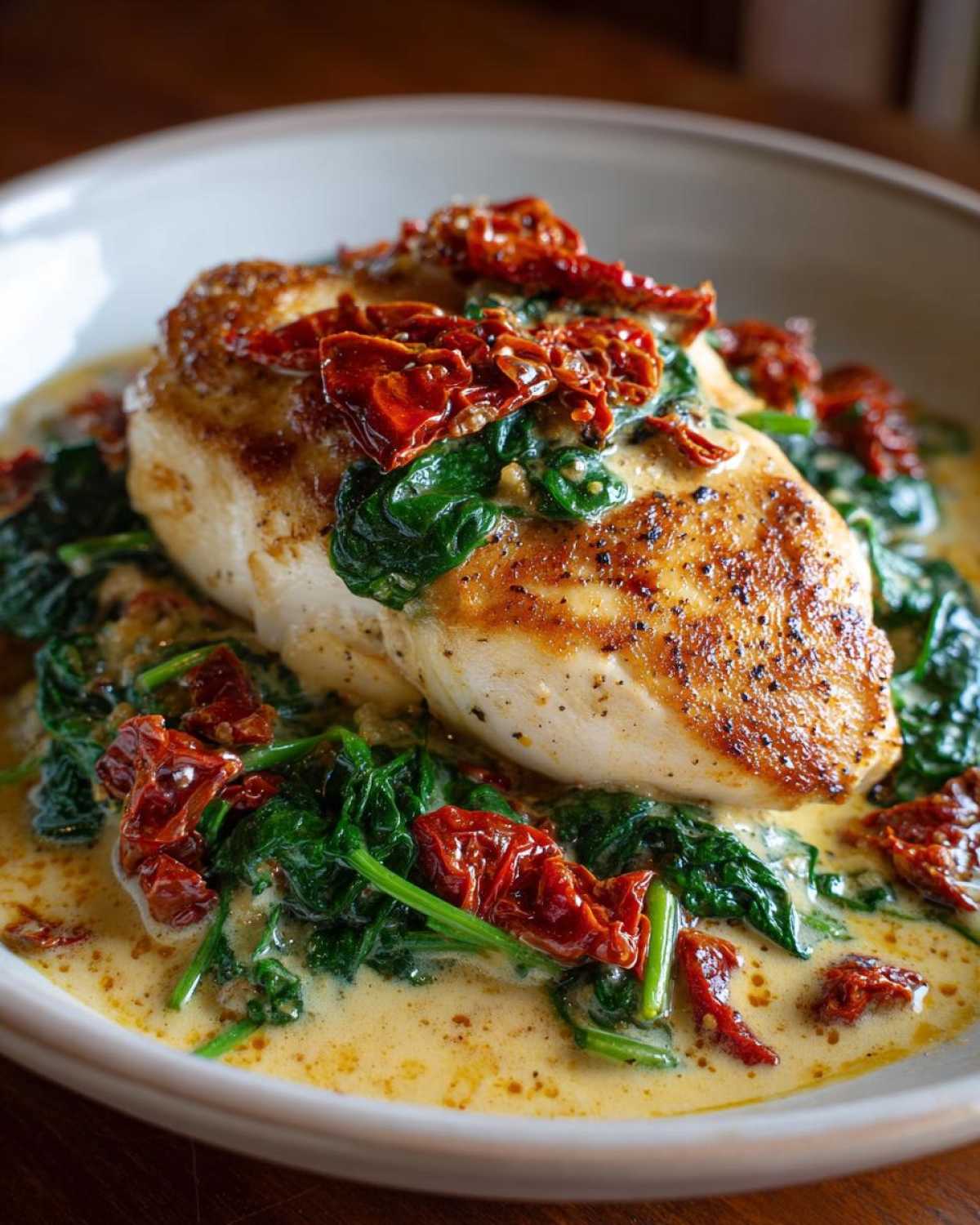 Close-up of seared One Pan Tuscan Chicken with sun dried tomatoes and spinach in a creamy sauce.