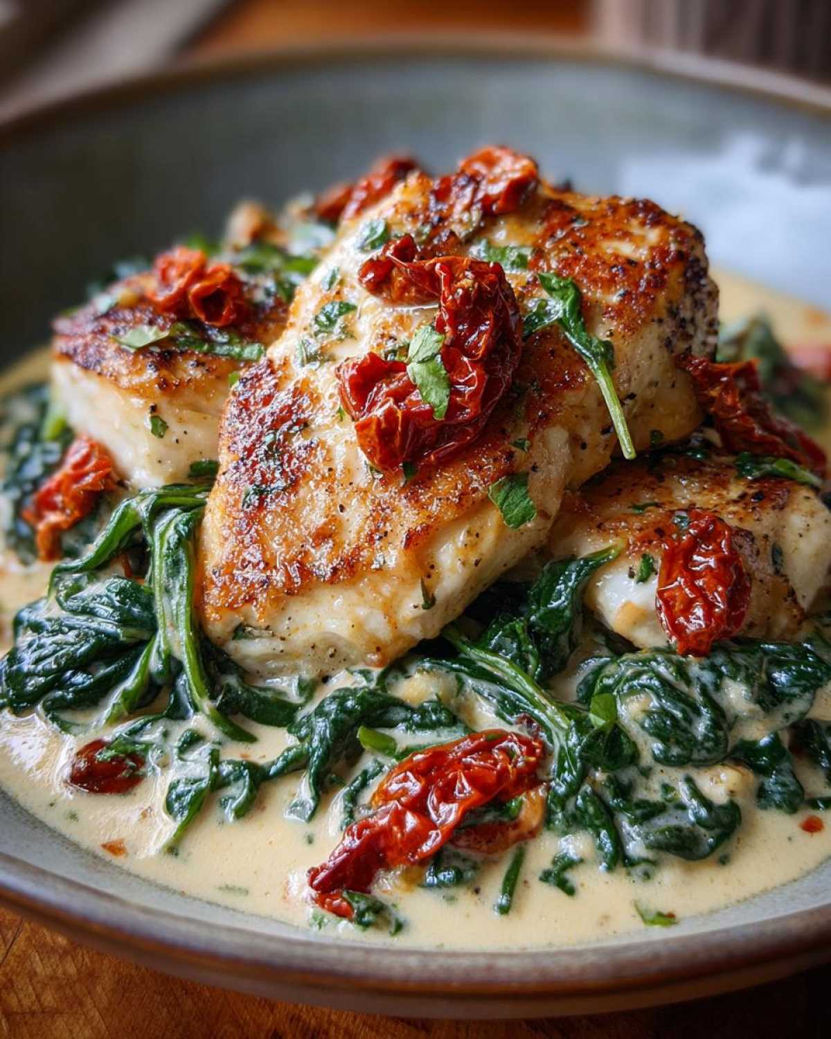 Close-up of seared One Pan Tuscan Chicken with sun-dried tomatoes and spinach in a creamy sauce.