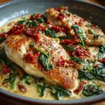 Close-up of seared One Pan Tuscan Chicken with sun dried tomatoes and spinach in a creamy sauce.