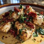 Close-up of tender pieces of One Pan Tuscan Chicken with Sun Dried Tomatoes and spinach in a creamy sauce.