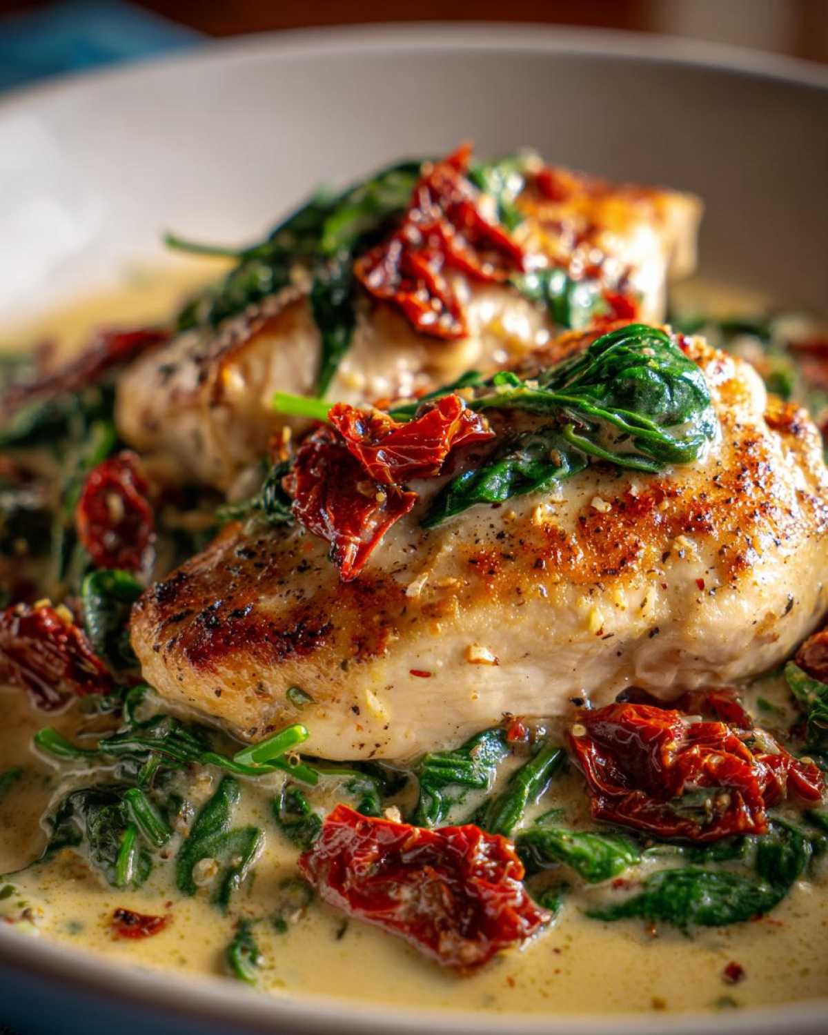 Two golden-brown chicken breasts smothered in a creamy sauce with spinach and sun dried tomatoes, showcasing the One Pan Tuscan Chicken.