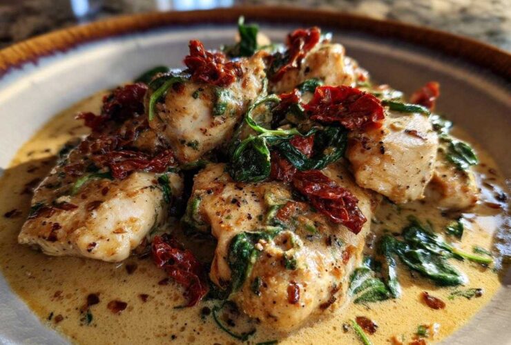 Close-up of tender pieces of One Pan Tuscan Chicken with Sun Dried Tomatoes and spinach in a creamy sauce.