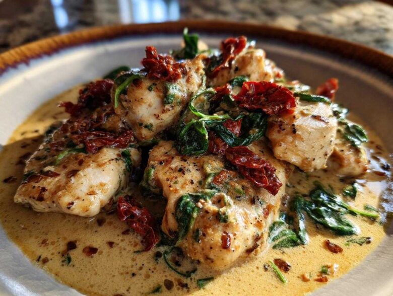 Close-up of tender pieces of One Pan Tuscan Chicken with Sun Dried Tomatoes and spinach in a creamy sauce.