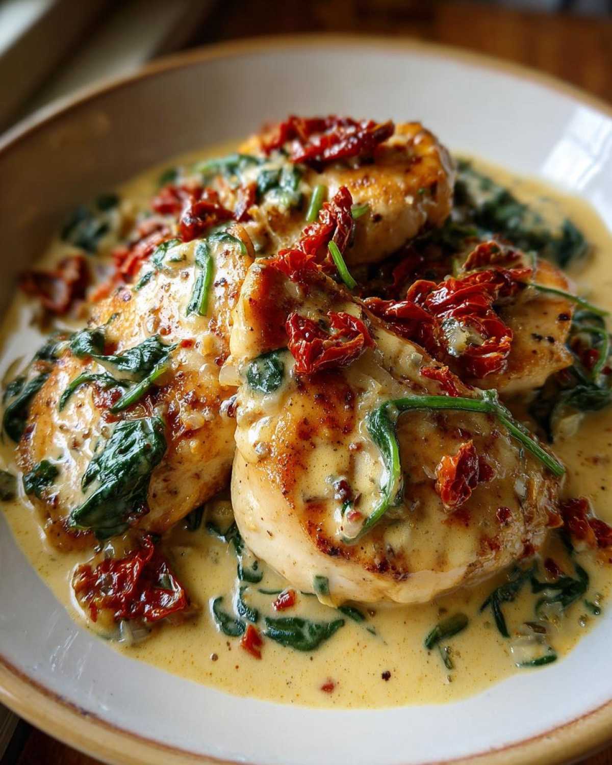 Close-up of seared chicken breasts smothered in a creamy sauce with spinach and sun dried tomatoes, featuring the One Pan Tuscan Chicken.
