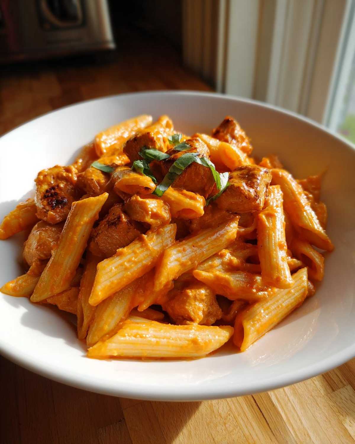A close-up of a white bowl filled with One Pot Creamy Tomato Pasta with Chicken, garnished with basil.