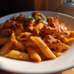 A close-up of a white bowl filled with One Pot Creamy Tomato Pasta with Chicken, garnished with basil.