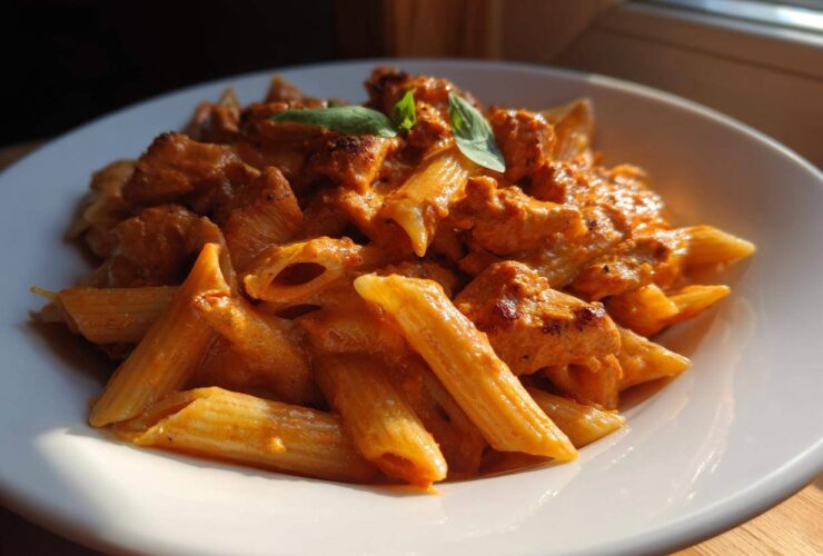 A close-up of a white bowl filled with One Pot Creamy Tomato Pasta with Chicken, garnished with basil.