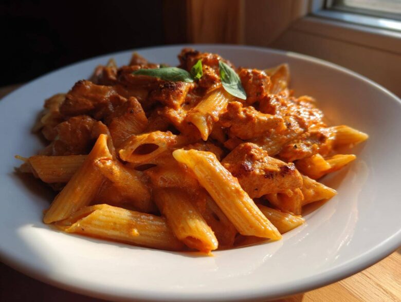 A close-up of a white bowl filled with One Pot Creamy Tomato Pasta with Chicken, garnished with basil.