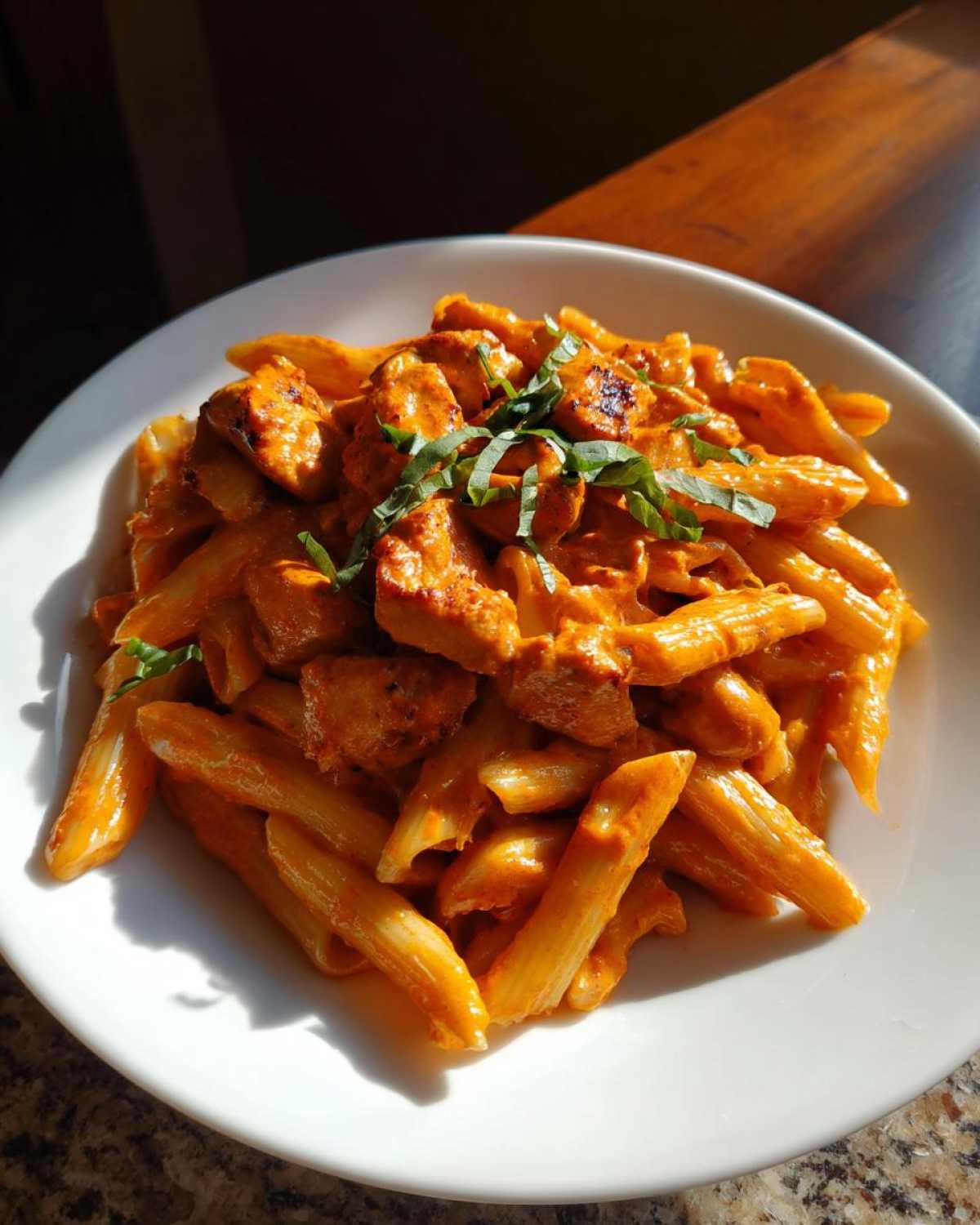 A white bowl filled with One Pot Creamy Tomato Pasta with Chicken, garnished with fresh basil.
