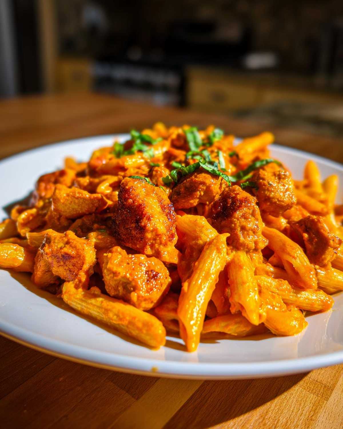 A close-up, vibrant shot of One Pot Creamy Tomato Pasta with Chicken served on a white plate.