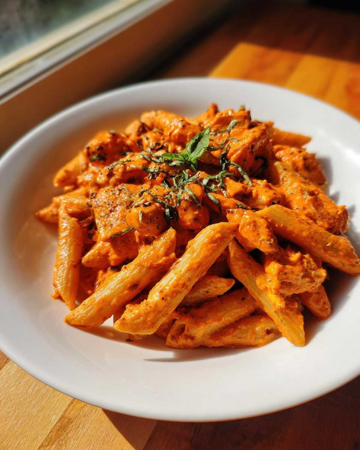 A close-up of a white bowl filled with One Pot Creamy Tomato Pasta with Chicken, garnished with fresh basil.