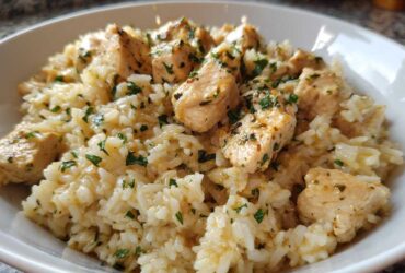 Close-up of a white bowl filled with creamy Garlic Butter Chicken and Rice, topped with fresh parsley.