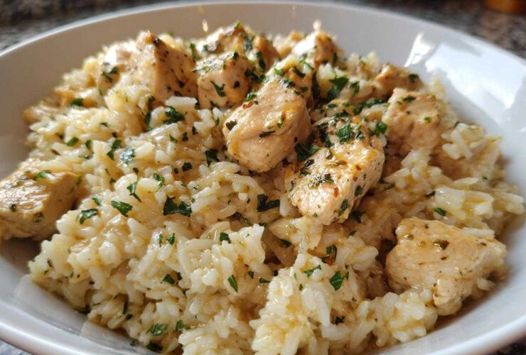 Close-up of a white bowl filled with creamy Garlic Butter Chicken and Rice, topped with fresh parsley.