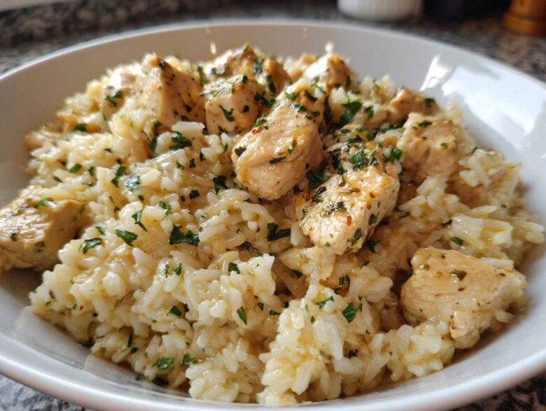 Close-up of a white bowl filled with creamy Garlic Butter Chicken and Rice, topped with fresh parsley.